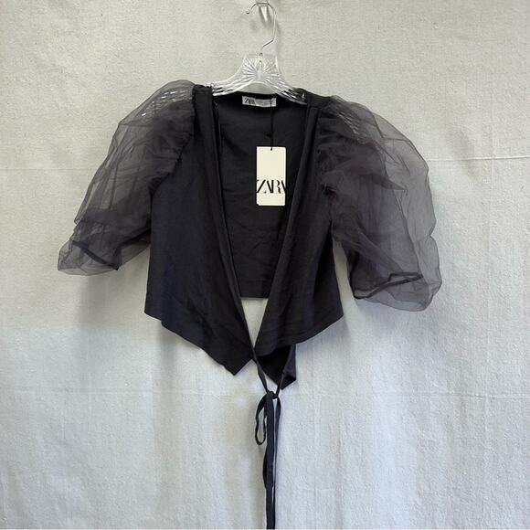 Zara organza statement puff sleeve knit cropped wrap top size large NWT - Picture 14 of 16